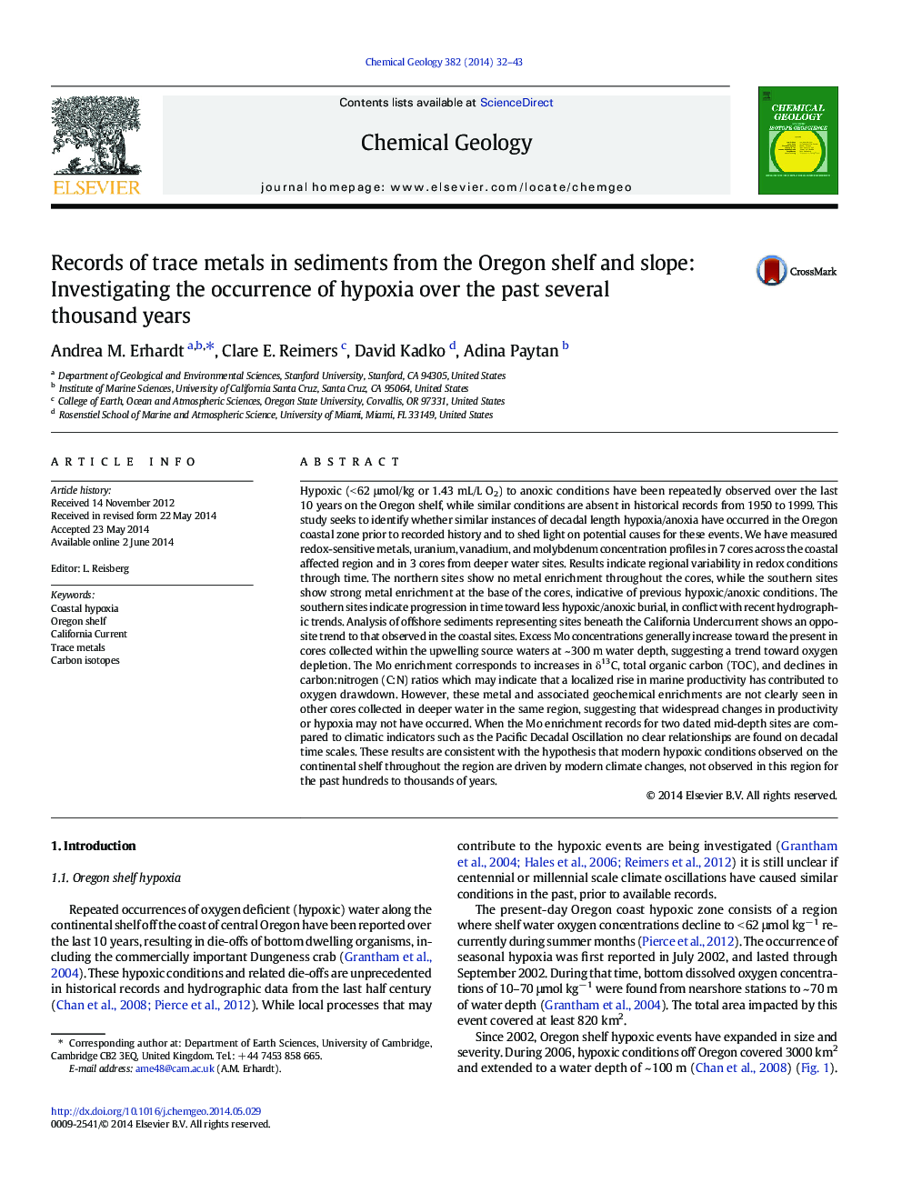 Records of trace metals in sediments from the Oregon shelf and slope: Investigating the occurrence of hypoxia over the past several thousand years