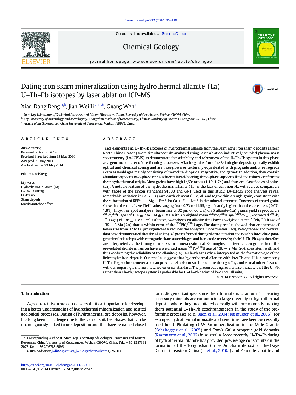 Dating iron skarn mineralization using hydrothermal allanite-(La) U-Th-Pb isotopes by laser ablation ICP-MS