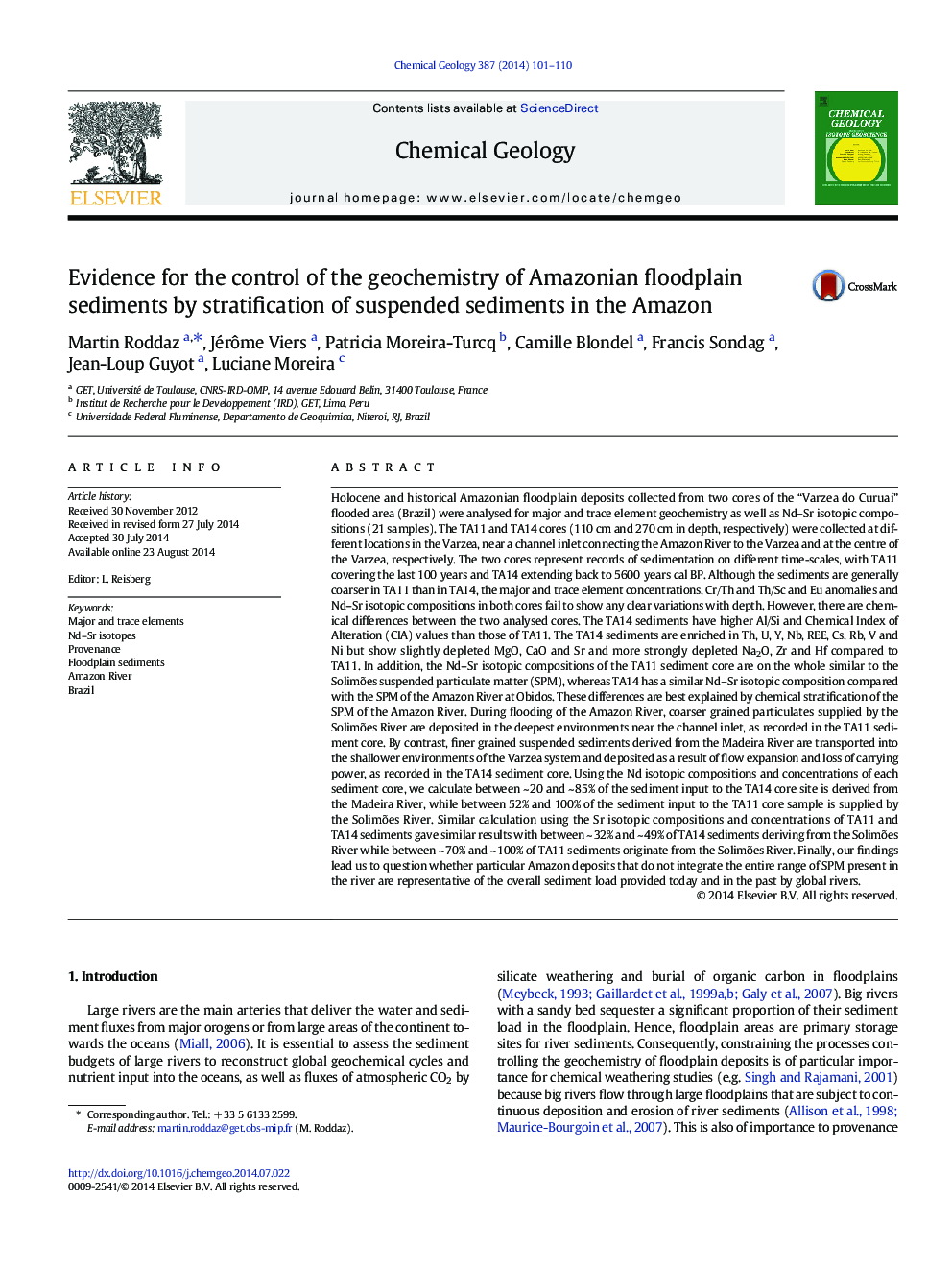Evidence for the control of the geochemistry of Amazonian floodplain sediments by stratification of suspended sediments in the Amazon