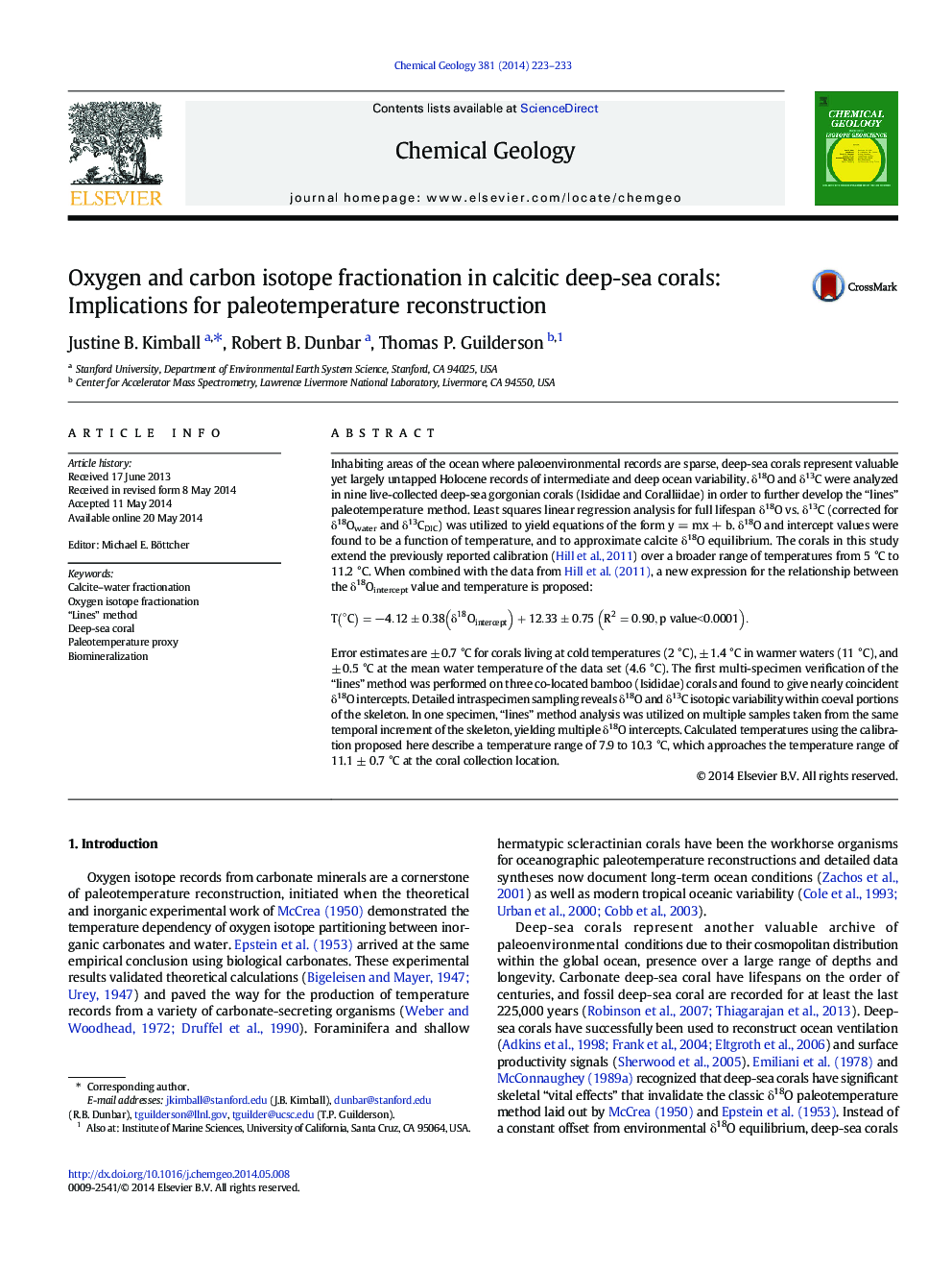 Oxygen and carbon isotope fractionation in calcitic deep-sea corals: Implications for paleotemperature reconstruction