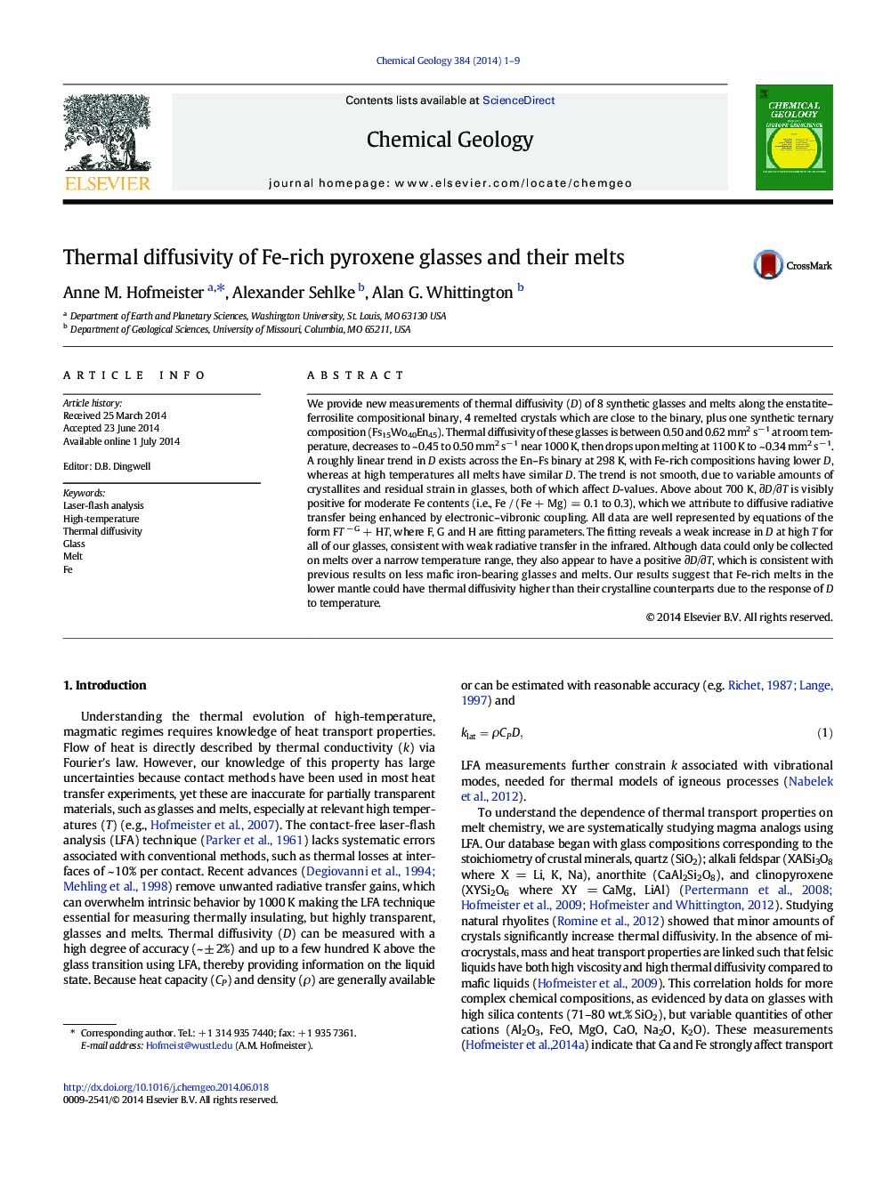 Thermal diffusivity of Fe-rich pyroxene glasses and their melts