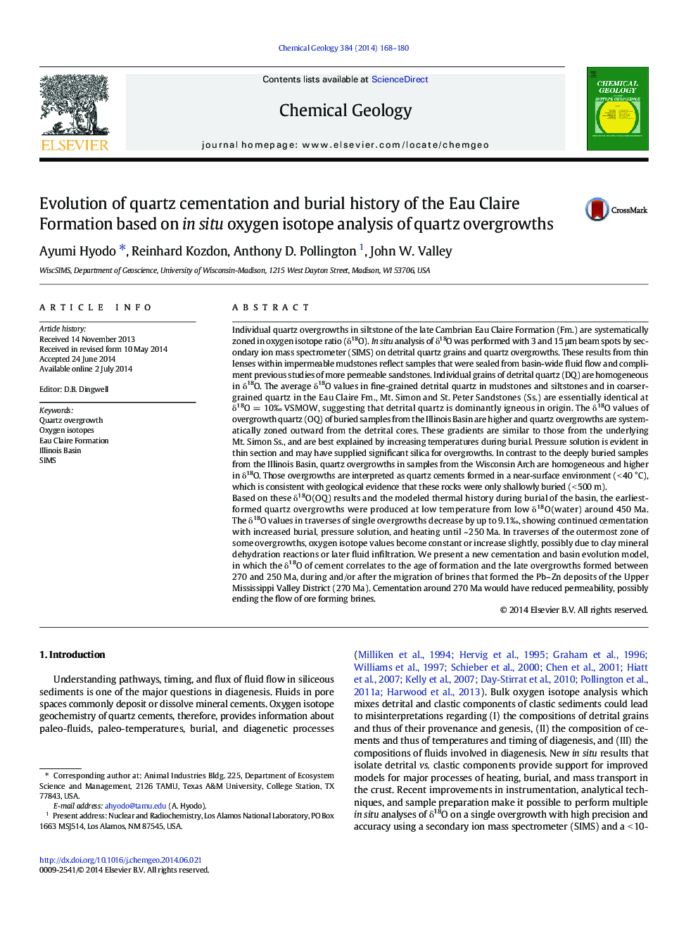 Evolution of quartz cementation and burial history of the Eau Claire Formation based on in situ oxygen isotope analysis of quartz overgrowths