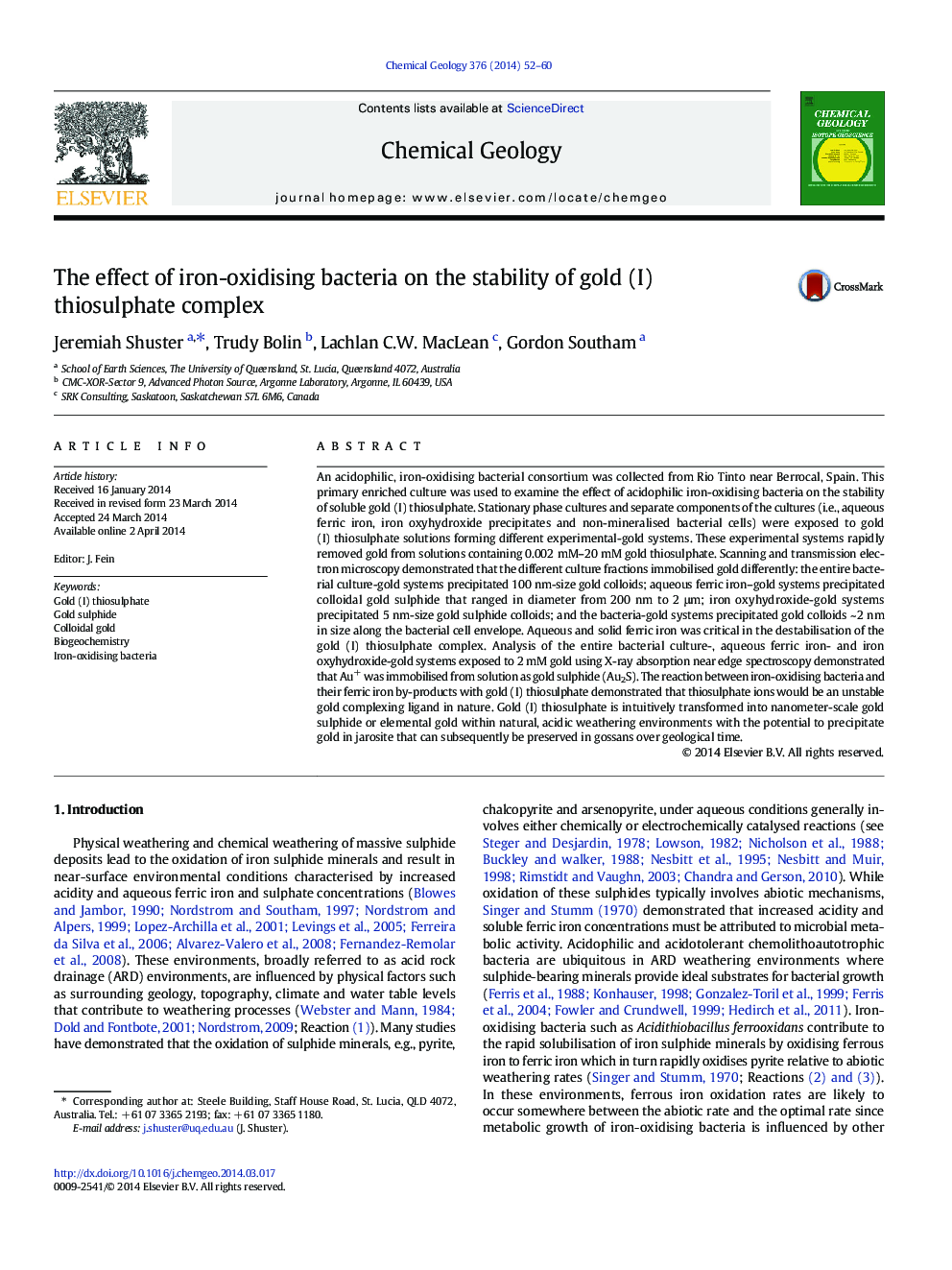 The effect of iron-oxidising bacteria on the stability of gold (I) thiosulphate complex