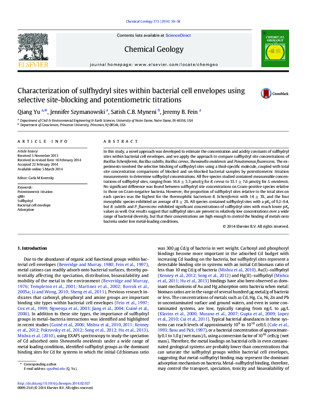 Characterization of sulfhydryl sites within bacterial cell envelopes using selective site-blocking and potentiometric titrations