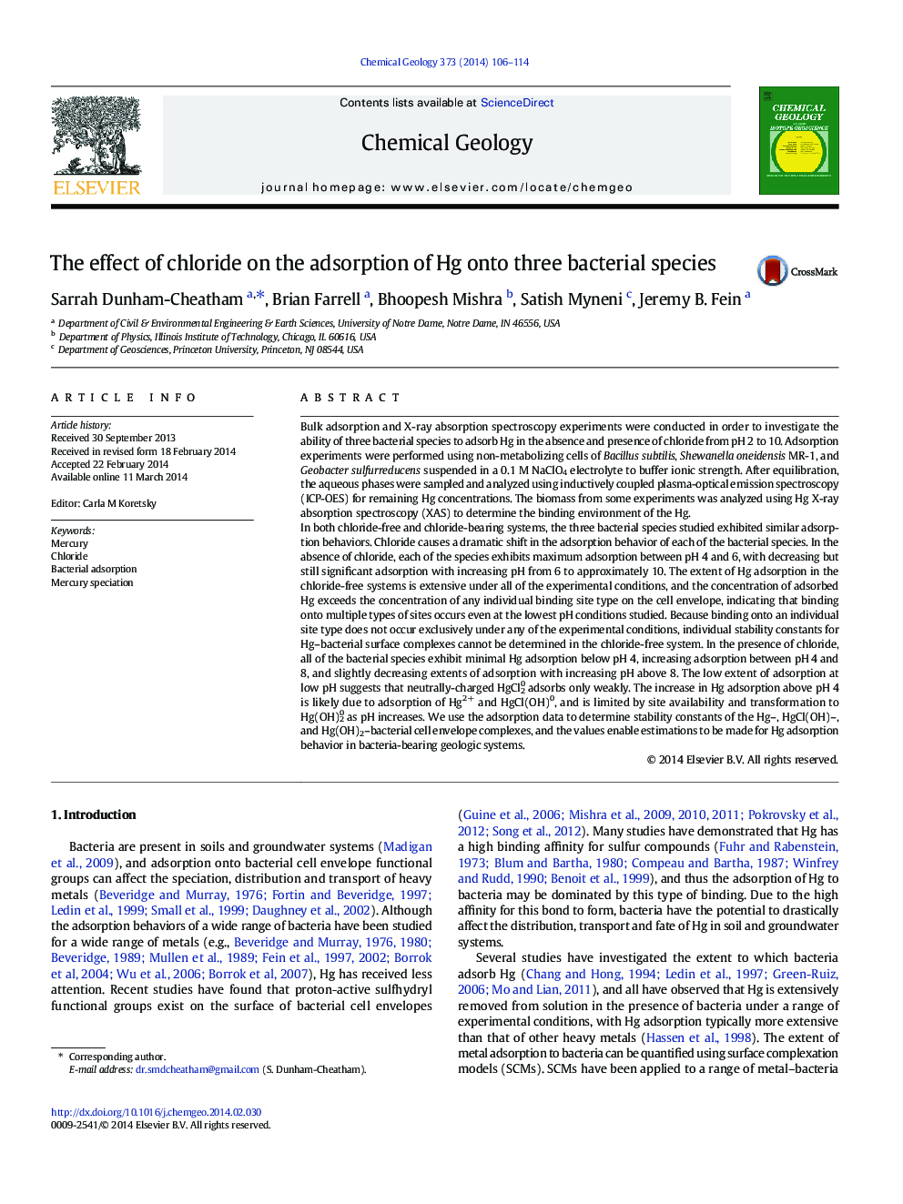 The effect of chloride on the adsorption of Hg onto three bacterial species