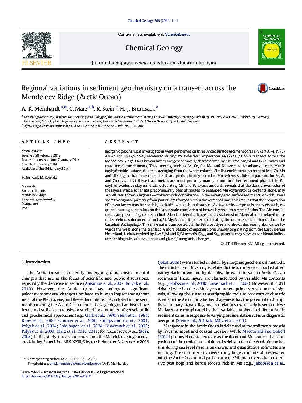 Regional variations in sediment geochemistry on a transect across the Mendeleev Ridge (Arctic Ocean)