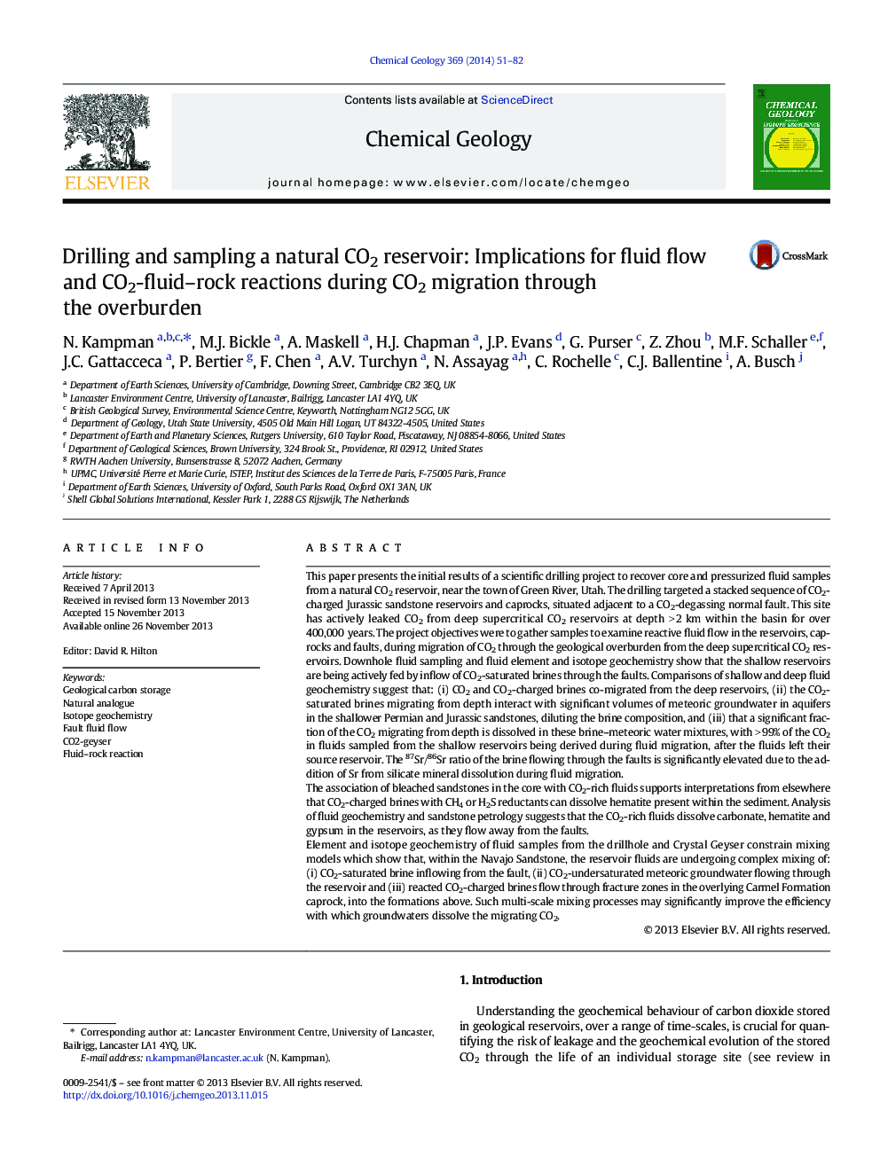 Drilling and sampling a natural CO2 reservoir: Implications for fluid flow and CO2-fluid-rock reactions during CO2 migration through the overburden