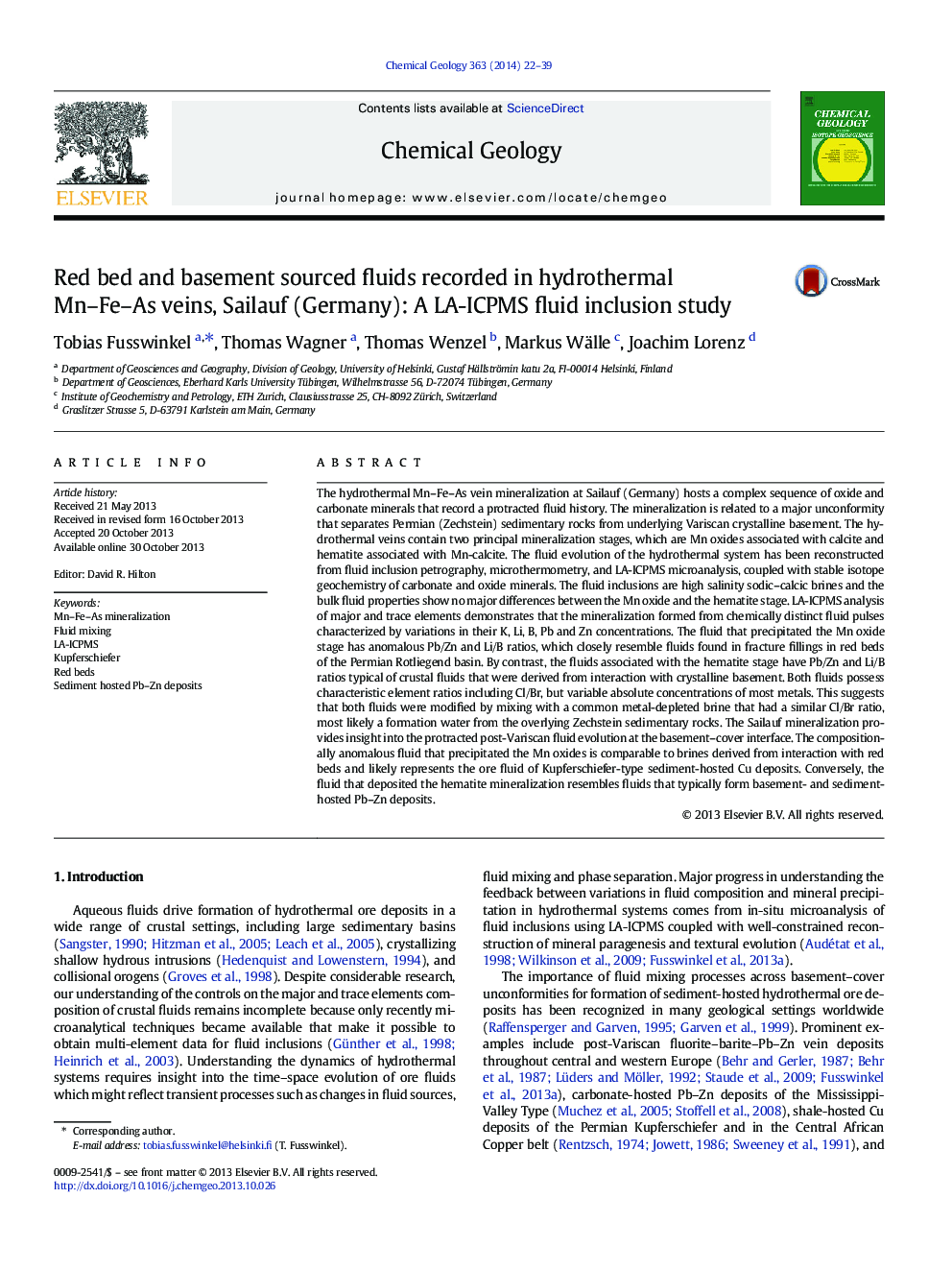 Red bed and basement sourced fluids recorded in hydrothermal Mn-Fe-As veins, Sailauf (Germany): A LA-ICPMS fluid inclusion study