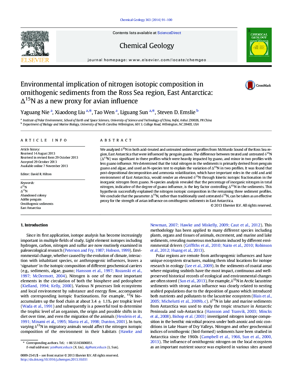 Environmental implication of nitrogen isotopic composition in ornithogenic sediments from the Ross Sea region, East Antarctica: Î15N as a new proxy for avian influence