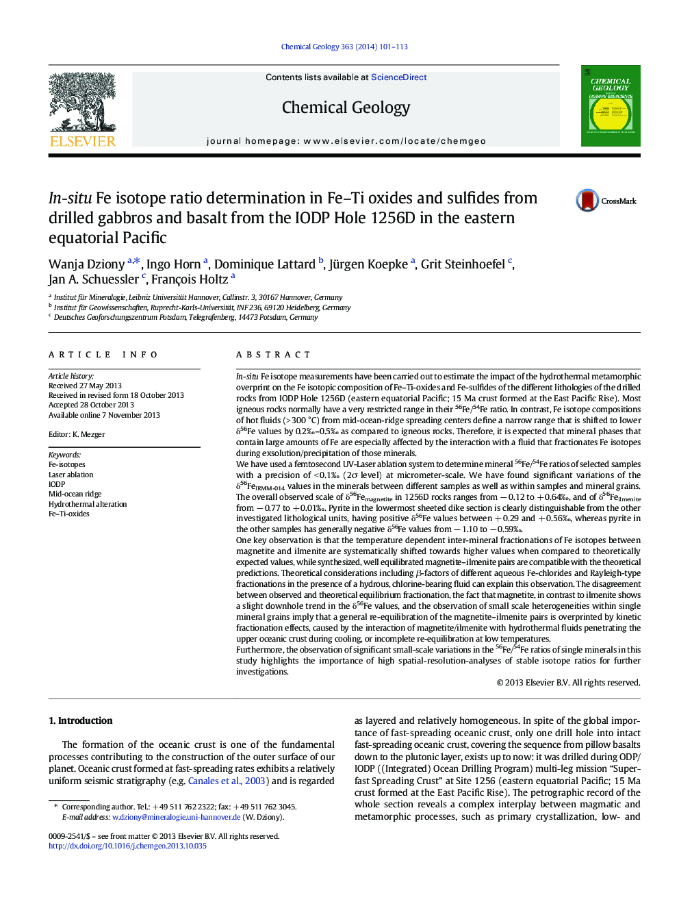In-situ Fe isotope ratio determination in Fe–Ti oxides and sulfides from drilled gabbros and basalt from the IODP Hole 1256D in the eastern equatorial Pacific