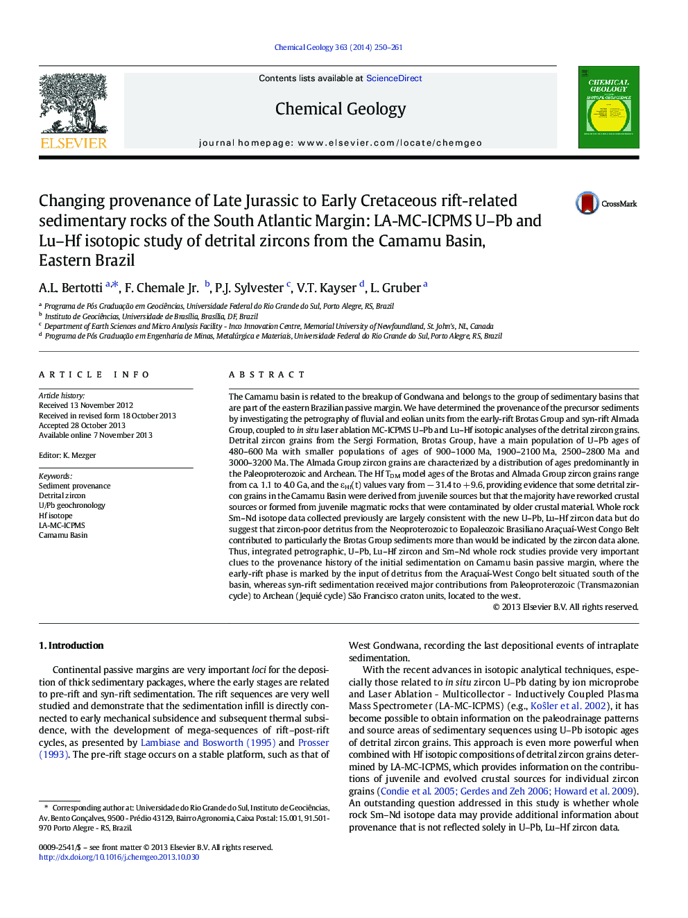 Changing provenance of Late Jurassic to Early Cretaceous rift-related sedimentary rocks of the South Atlantic Margin: LA-MC-ICPMS U-Pb and Lu-Hf isotopic study of detrital zircons from the Camamu Basin, Eastern Brazil