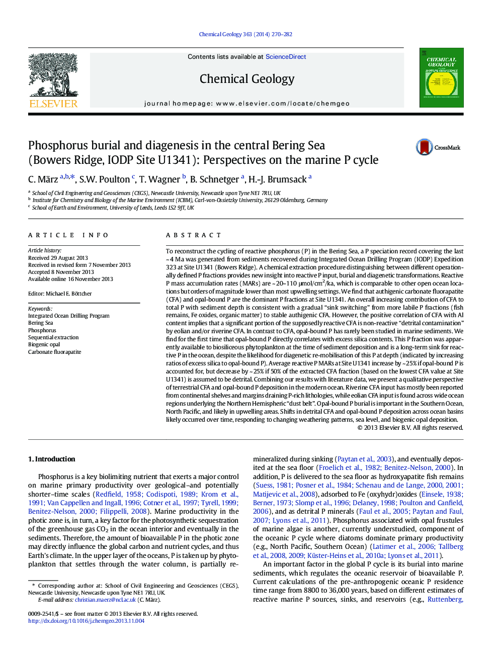 Phosphorus burial and diagenesis in the central Bering Sea (Bowers Ridge, IODP Site U1341): Perspectives on the marine P cycle