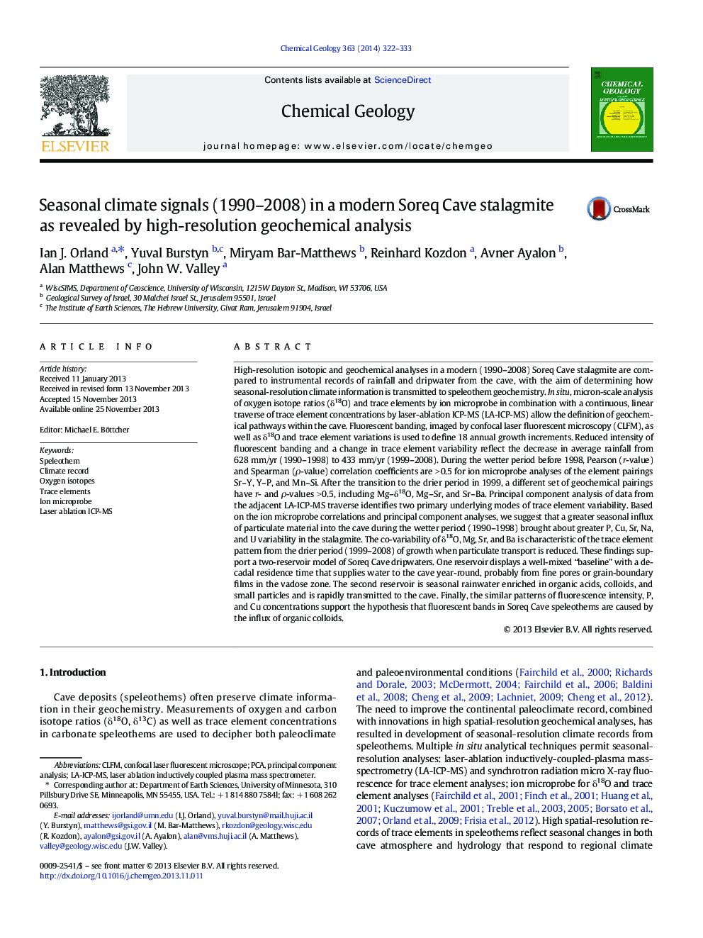 Seasonal climate signals (1990-2008) in a modern Soreq Cave stalagmite as revealed by high-resolution geochemical analysis