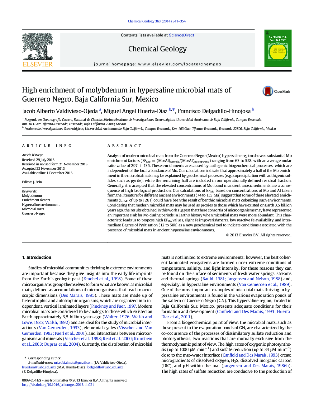 High enrichment of molybdenum in hypersaline microbial mats of Guerrero Negro, Baja California Sur, Mexico