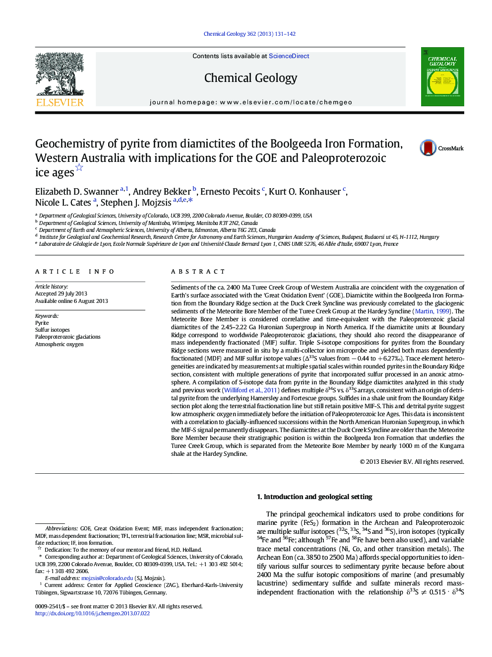 Geochemistry of pyrite from diamictites of the Boolgeeda Iron Formation, Western Australia with implications for the GOE and Paleoproterozoic ice ages