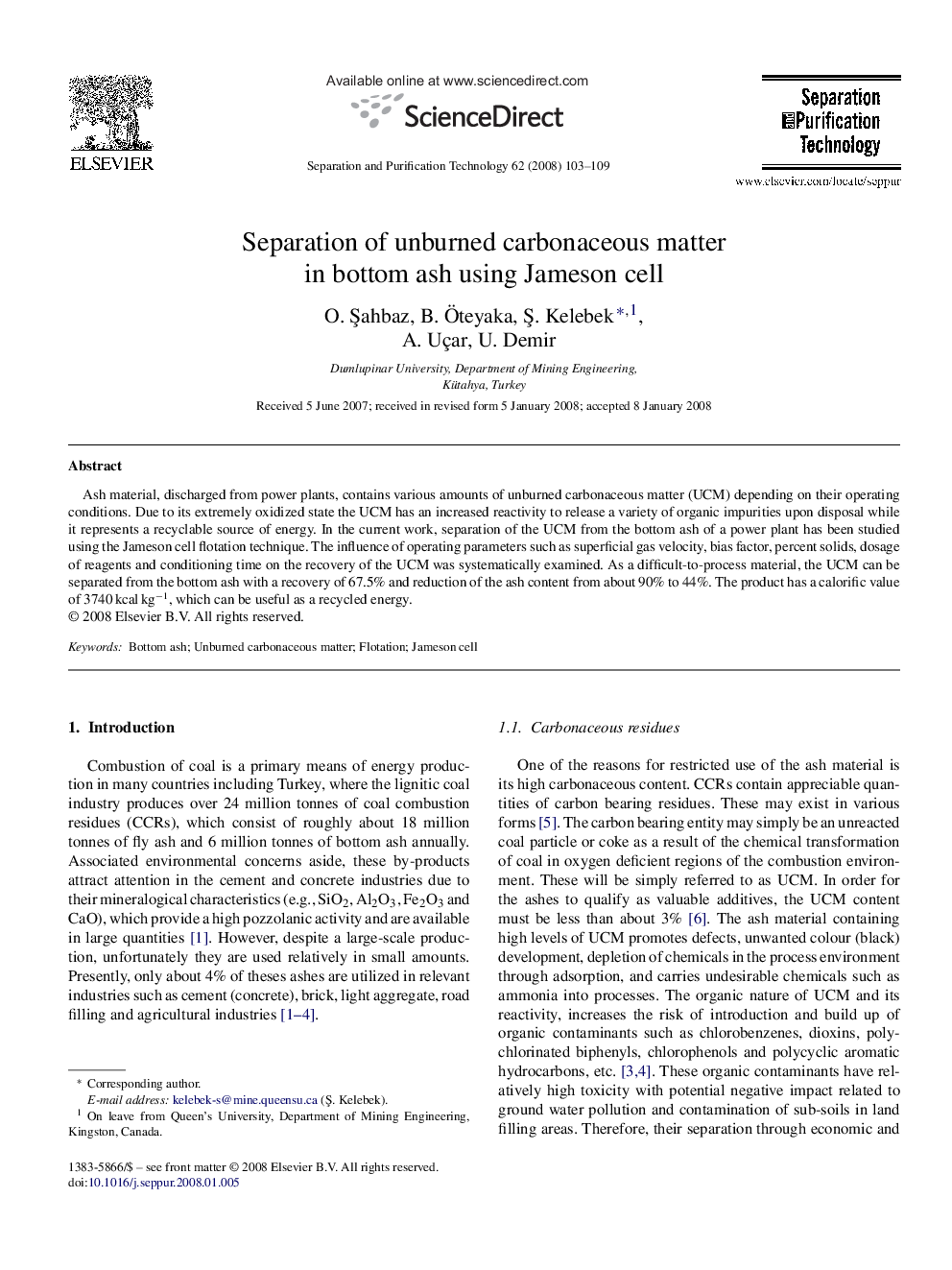 Separation of unburned carbonaceous matter in bottom ash using Jameson cell