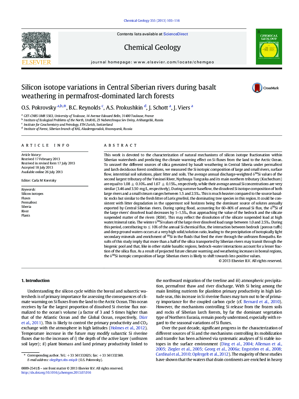 Silicon isotope variations in Central Siberian rivers during basalt weathering in permafrost-dominated larch forests