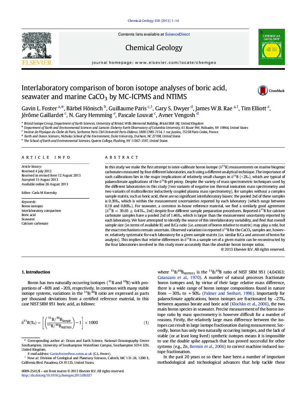 Interlaboratory comparison of boron isotope analyses of boric acid, seawater and marine CaCO3 by MC-ICPMS and NTIMS