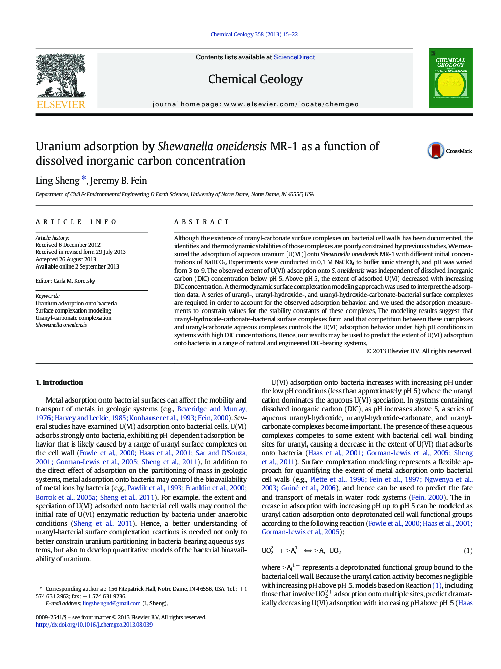 Uranium adsorption by Shewanella oneidensis MR-1 as a function of dissolved inorganic carbon concentration