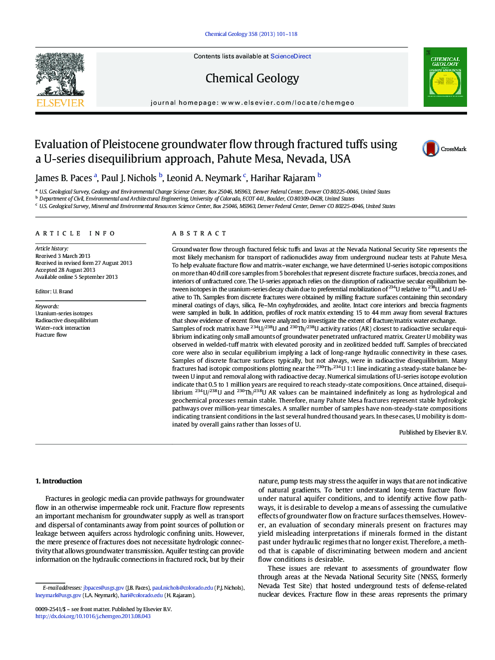 Evaluation of Pleistocene groundwater flow through fractured tuffs using a U-series disequilibrium approach, Pahute Mesa, Nevada, USA