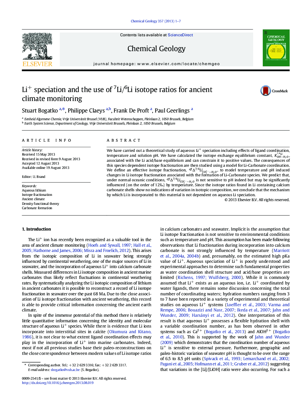 Li+ speciation and the use of 7Li/6Li isotope ratios for ancient climate monitoring