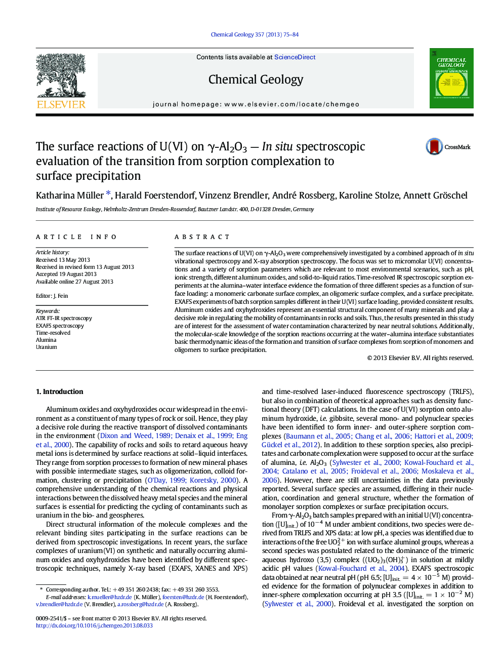 The surface reactions of U(VI) on Î³-Al2O3 - In situ spectroscopic evaluation of the transition from sorption complexation to surface precipitation