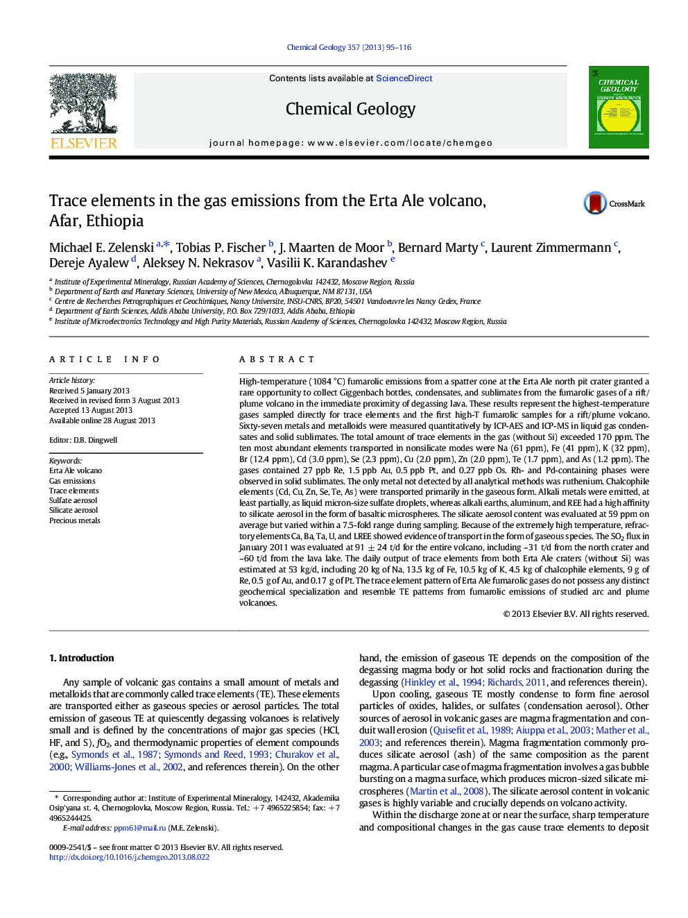 Trace elements in the gas emissions from the Erta Ale volcano, Afar, Ethiopia