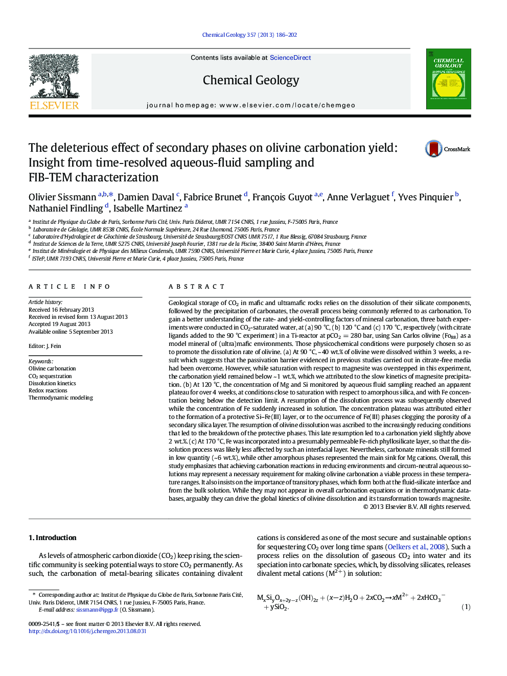 The deleterious effect of secondary phases on olivine carbonation yield: Insight from time-resolved aqueous-fluid sampling and FIB-TEM characterization