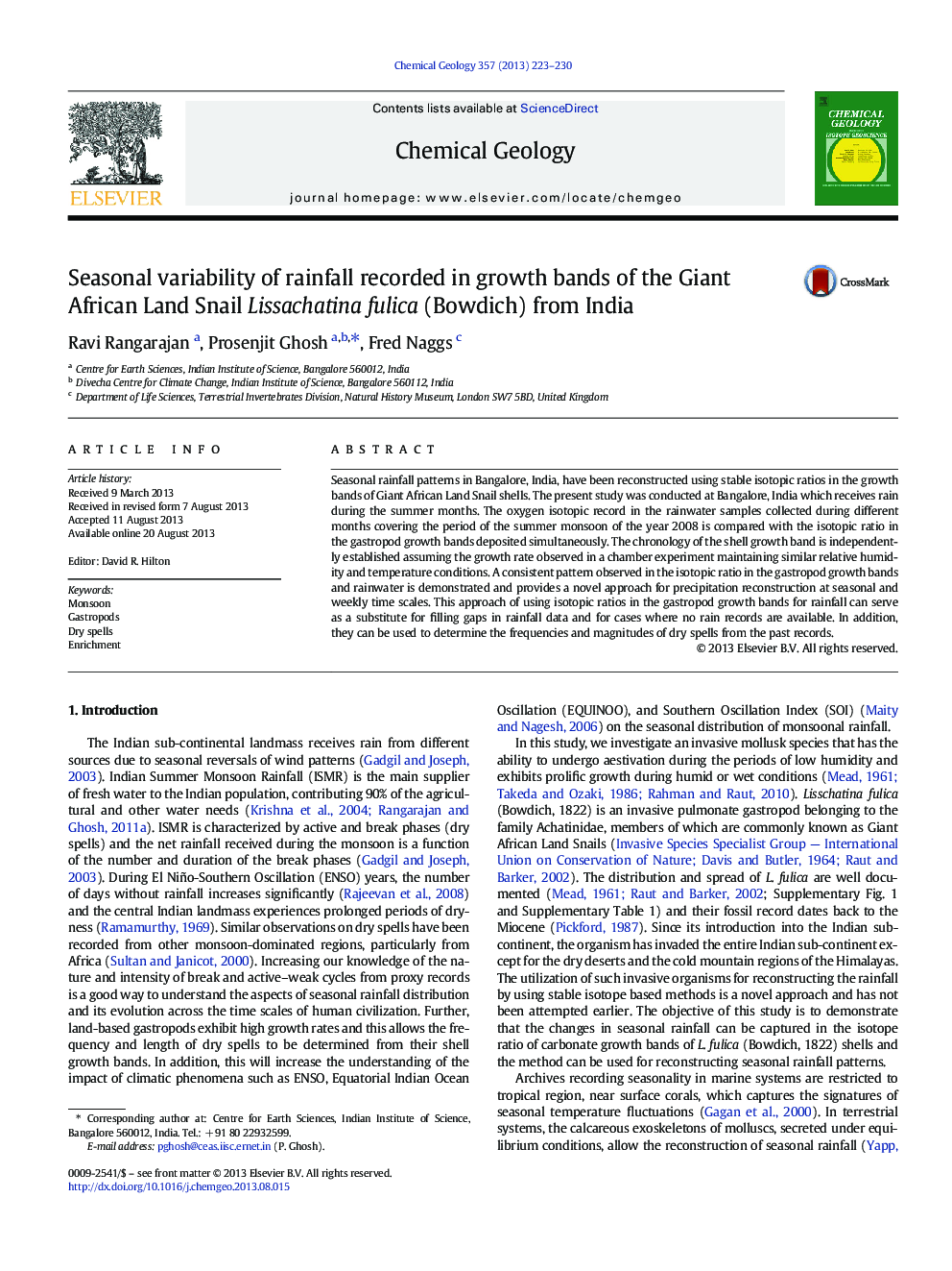 Seasonal variability of rainfall recorded in growth bands of the Giant African Land Snail Lissachatina fulica (Bowdich) from India