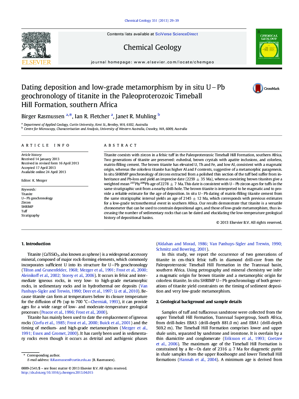 Dating deposition and low-grade metamorphism by in situ UPb geochronology of titanite in the Paleoproterozoic Timeball Hill Formation, southern Africa