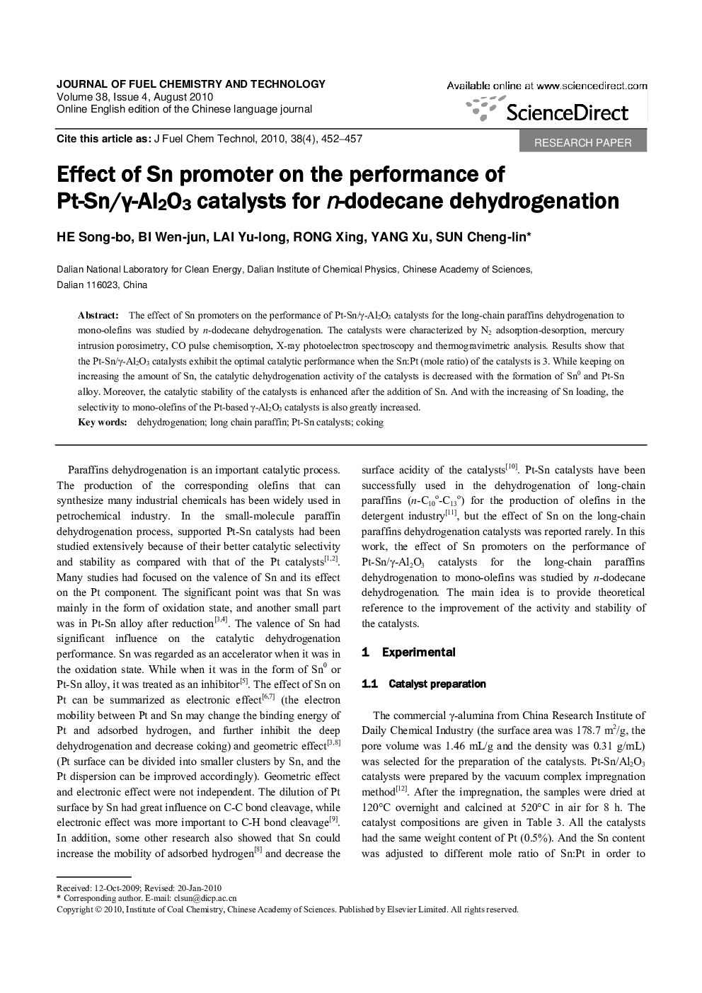 Effect of Sn promoter on the performance of Pt-Sn/γ-Al2O3 catalysts for n-dodecane dehydrogenation