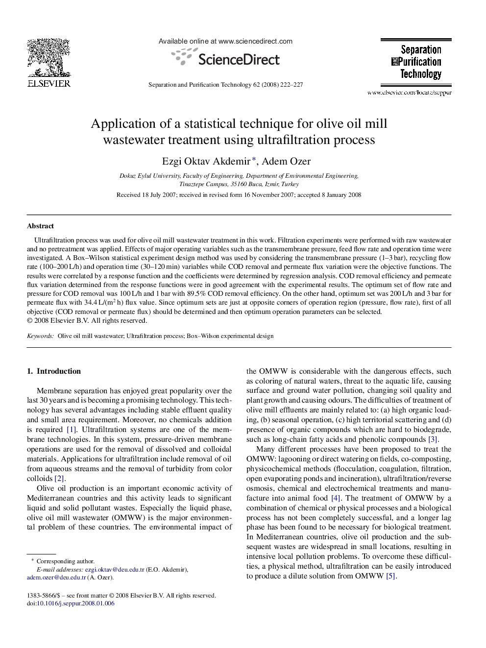 Application of a statistical technique for olive oil mill wastewater treatment using ultrafiltration process