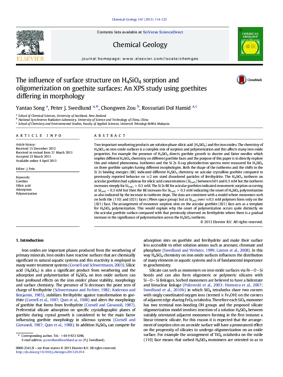 The influence of surface structure on H4SiO4 sorption and oligomerization on goethite surfaces: An XPS study using goethites differing in morphology