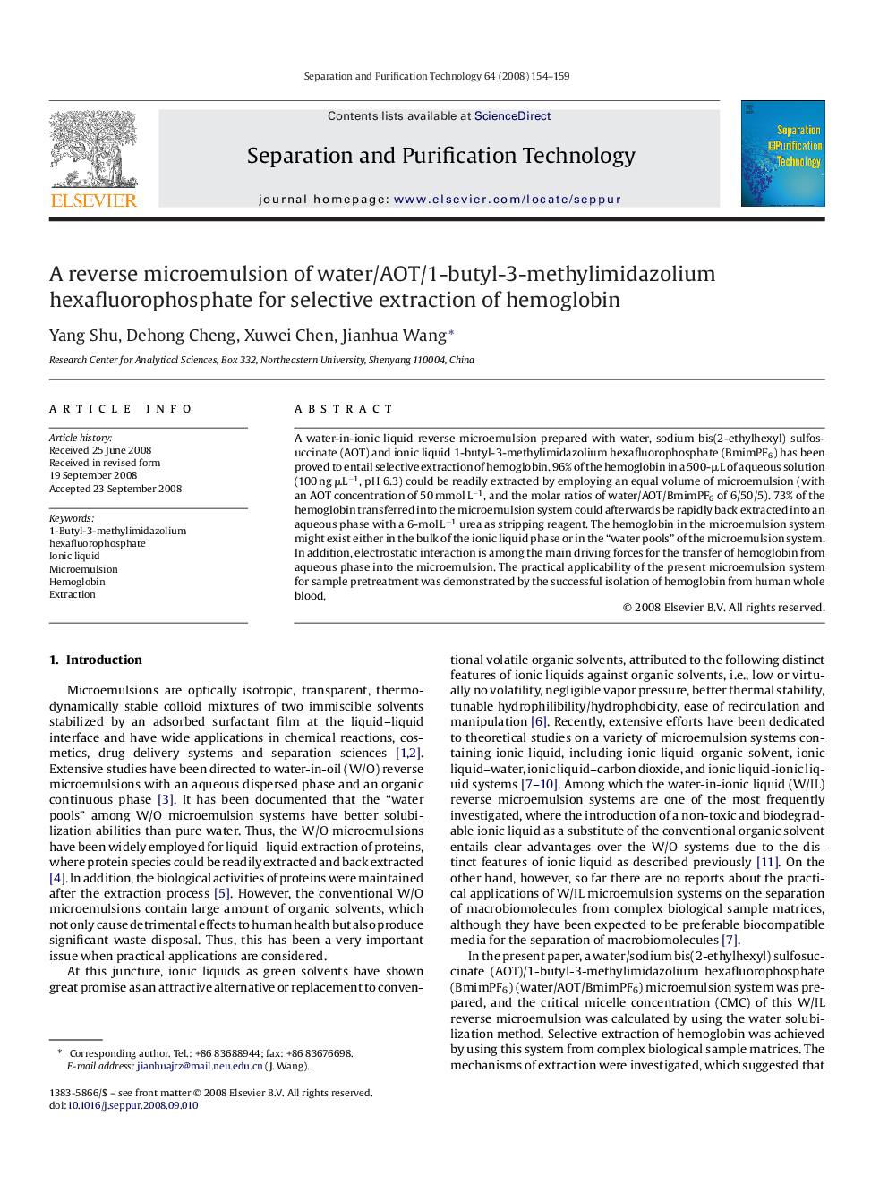 A reverse microemulsion of water/AOT/1-butyl-3-methylimidazolium hexafluorophosphate for selective extraction of hemoglobin