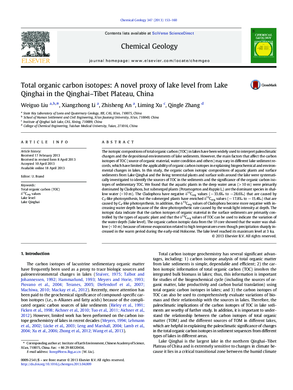 Total organic carbon isotopes: A novel proxy of lake level from Lake Qinghai in the Qinghai-Tibet Plateau, China