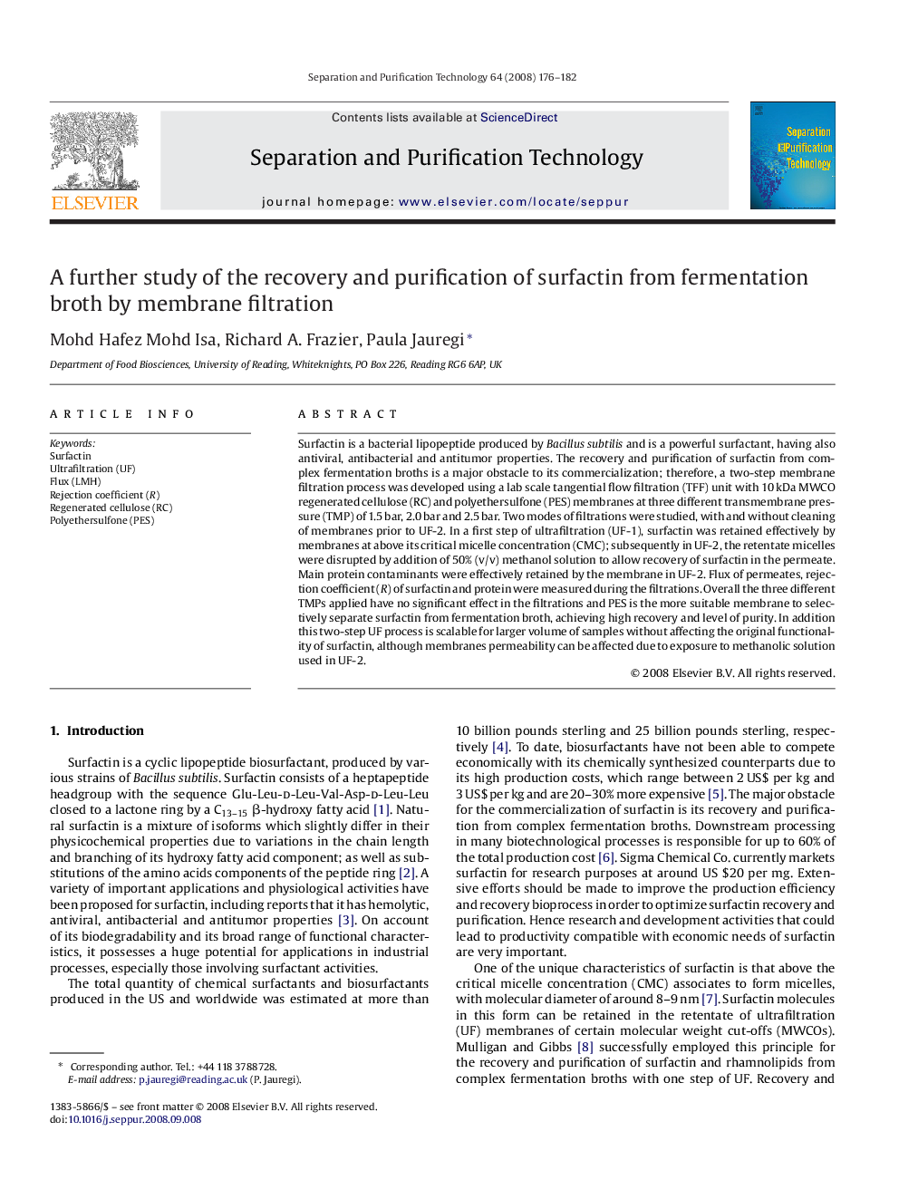 A further study of the recovery and purification of surfactin from fermentation broth by membrane filtration