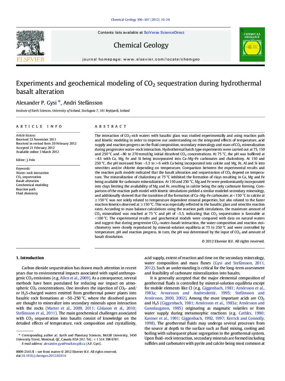 Experiments and geochemical modeling of CO2 sequestration during hydrothermal basalt alteration