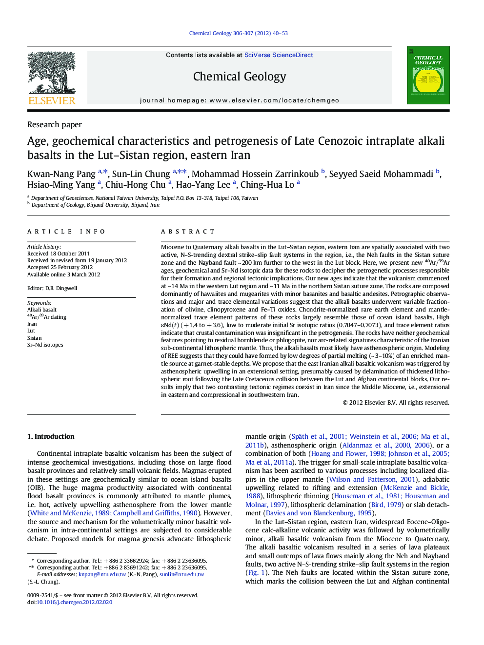 Age, geochemical characteristics and petrogenesis of Late Cenozoic intraplate alkali basalts in the Lut–Sistan region, eastern Iran