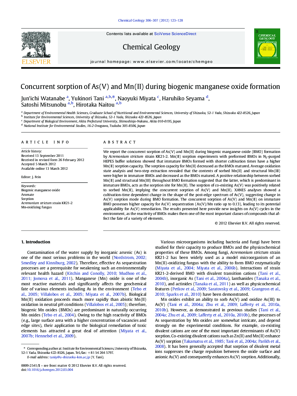 Concurrent sorption of As(V) and Mn(II) during biogenic manganese oxide formation