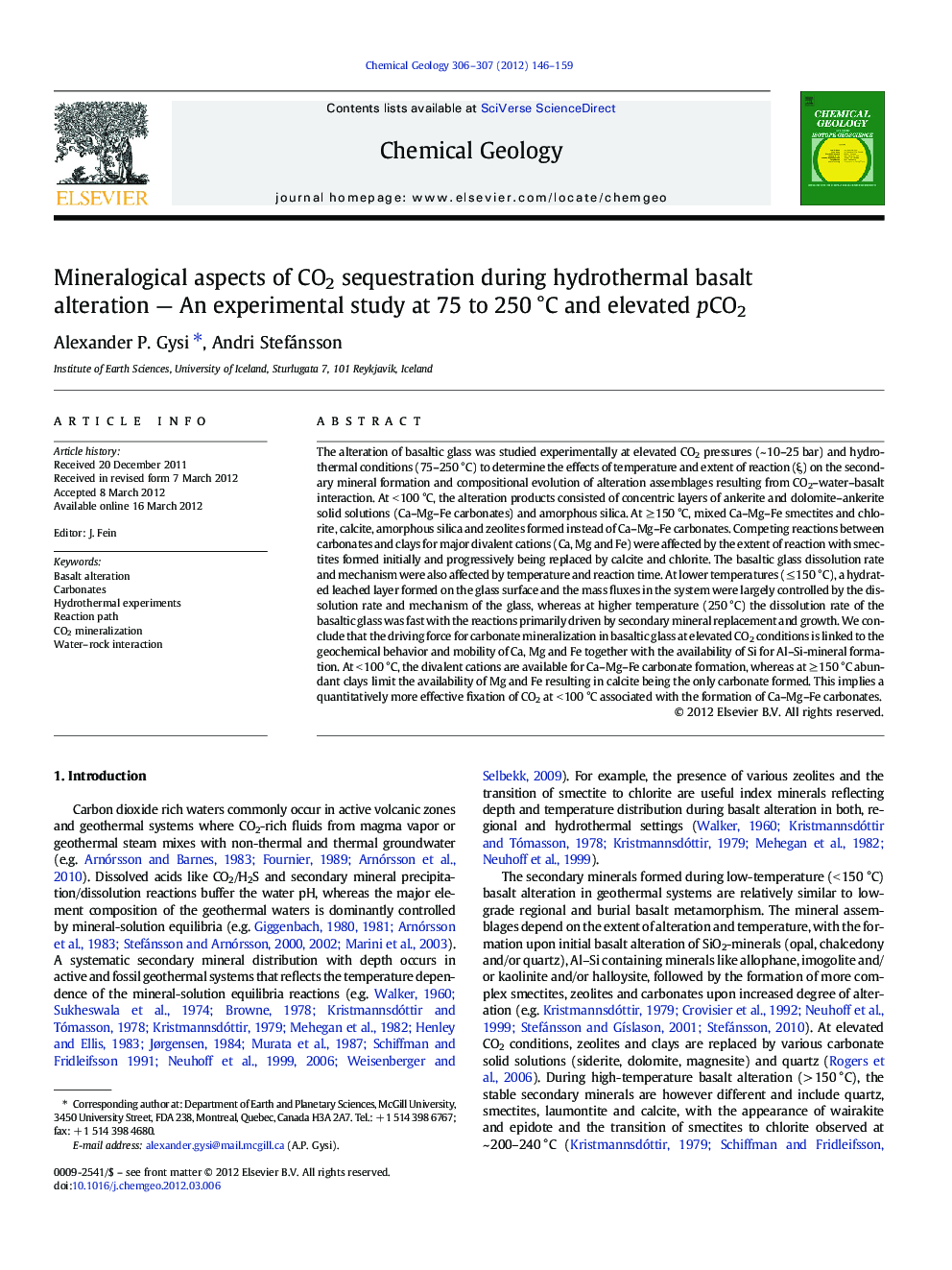 Mineralogical aspects of CO2 sequestration during hydrothermal basalt alteration - An experimental study at 75 to 250Â Â°C and elevated pCO2