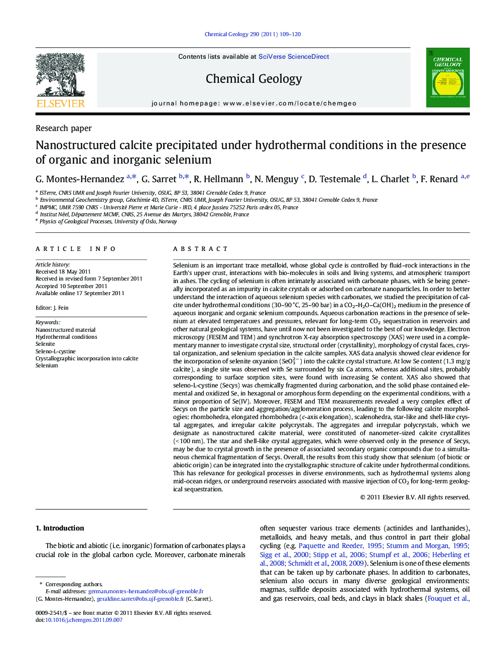 Research paperNanostructured calcite precipitated under hydrothermal conditions in the presence of organic and inorganic selenium