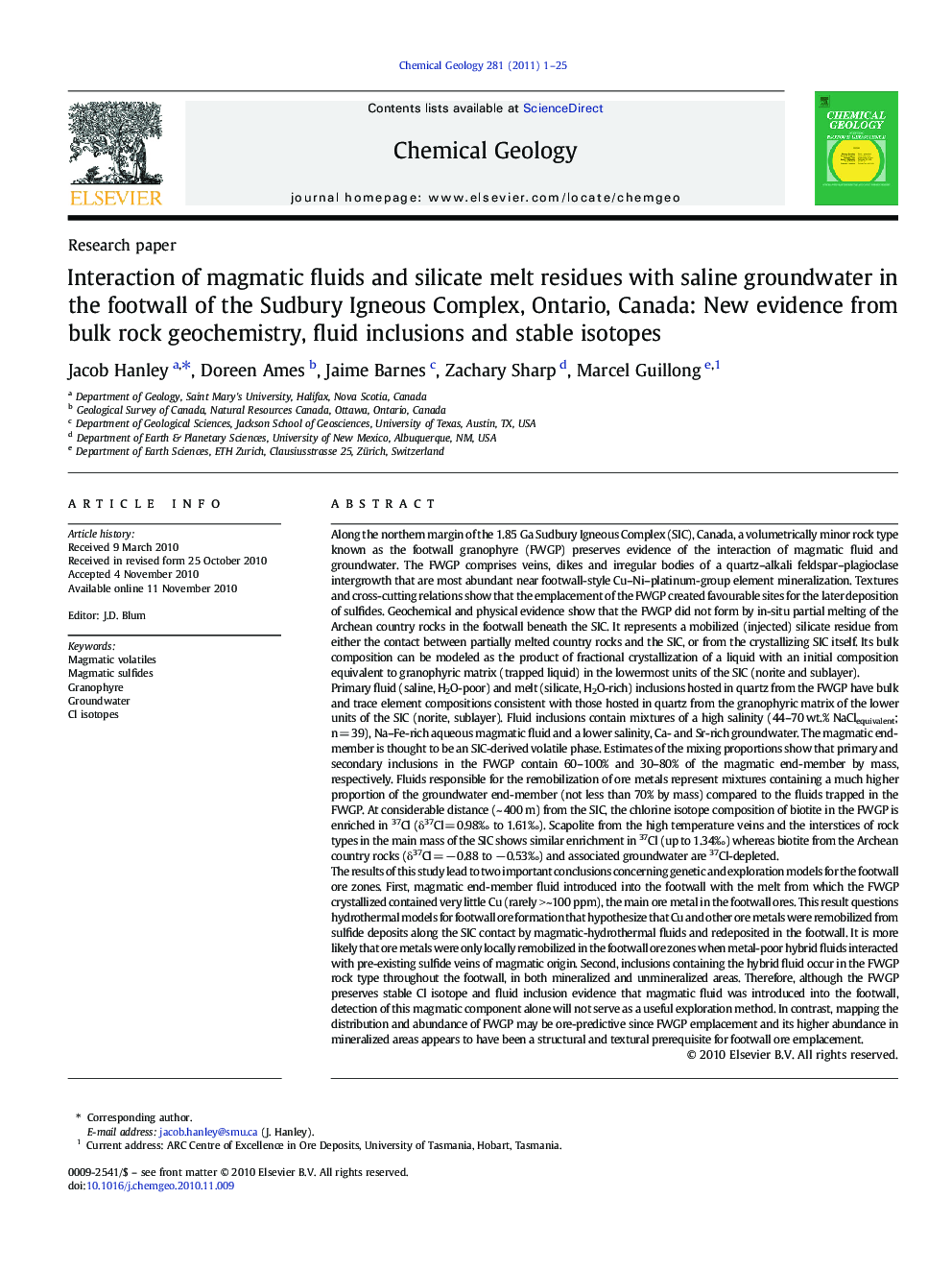 Research paperInteraction of magmatic fluids and silicate melt residues with saline groundwater in the footwall of the Sudbury Igneous Complex, Ontario, Canada: New evidence from bulk rock geochemistry, fluid inclusions and stable isotopes