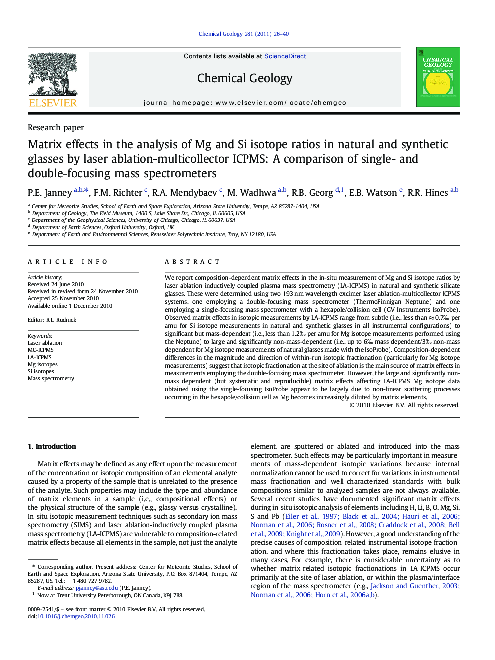 Research paperMatrix effects in the analysis of Mg and Si isotope ratios in natural and synthetic glasses by laser ablation-multicollector ICPMS: A comparison of single- and double-focusing mass spectrometers