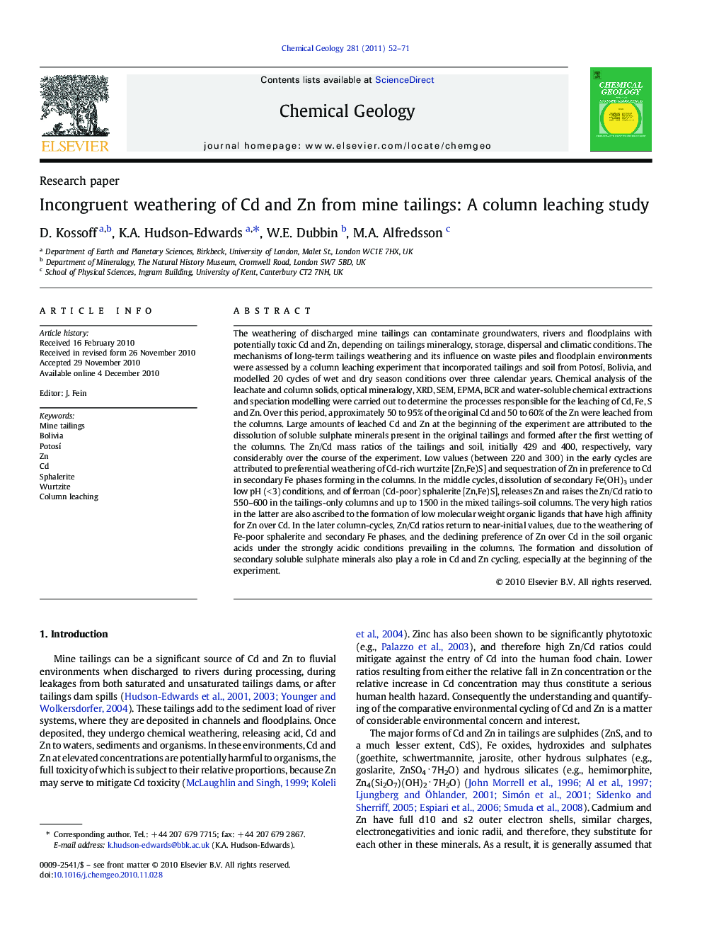 Research paperIncongruent weathering of Cd and Zn from mine tailings: A column leaching study