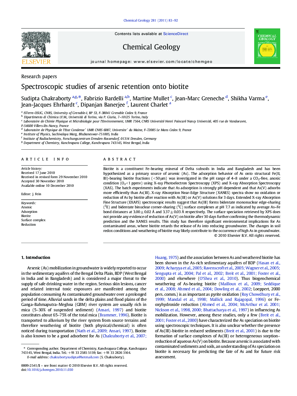 Research papersSpectroscopic studies of arsenic retention onto biotite