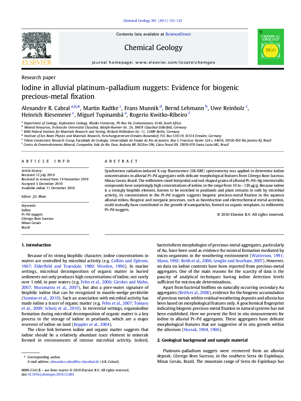 Research paperIodine in alluvial platinum-palladium nuggets: Evidence for biogenic precious-metal fixation