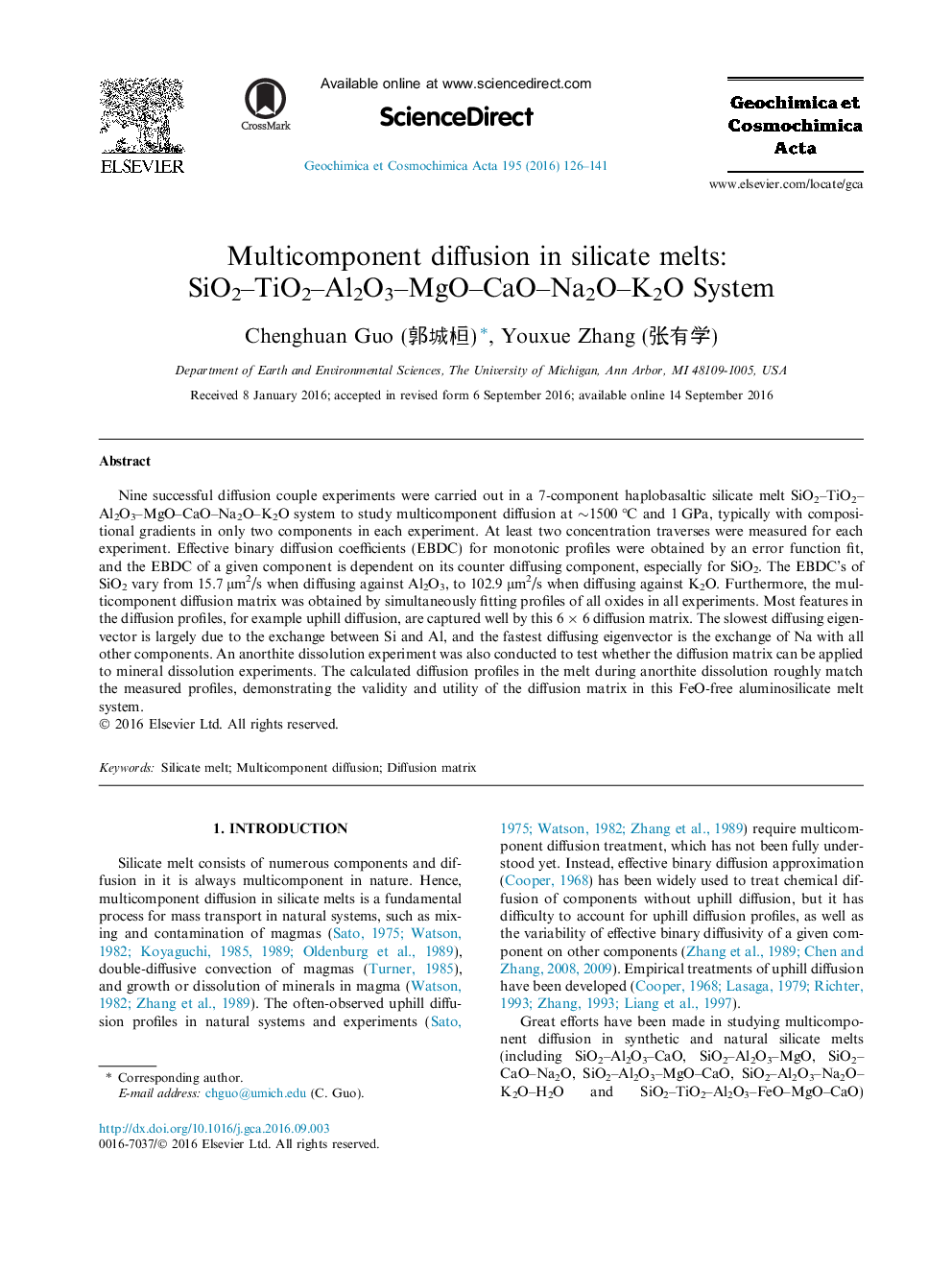 Multicomponent diffusion in silicate melts: SiO2-TiO2-Al2O3-MgO-CaO-Na2O-K2O System