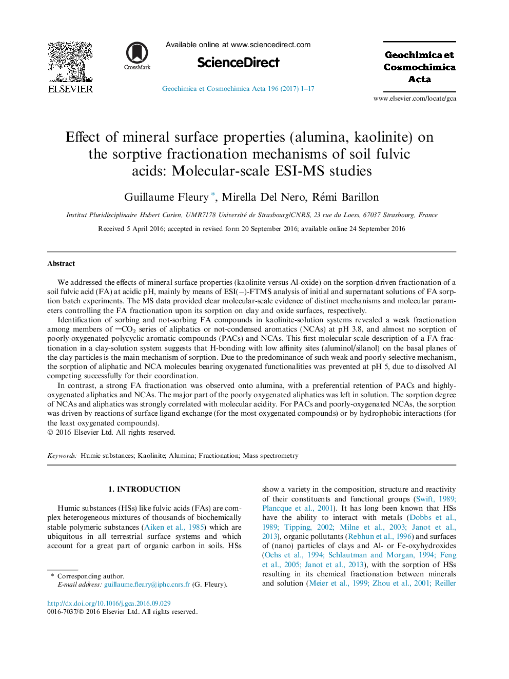 Effect of mineral surface properties (alumina, kaolinite) on the sorptive fractionation mechanisms of soil fulvic acids: Molecular-scale ESI-MS studies