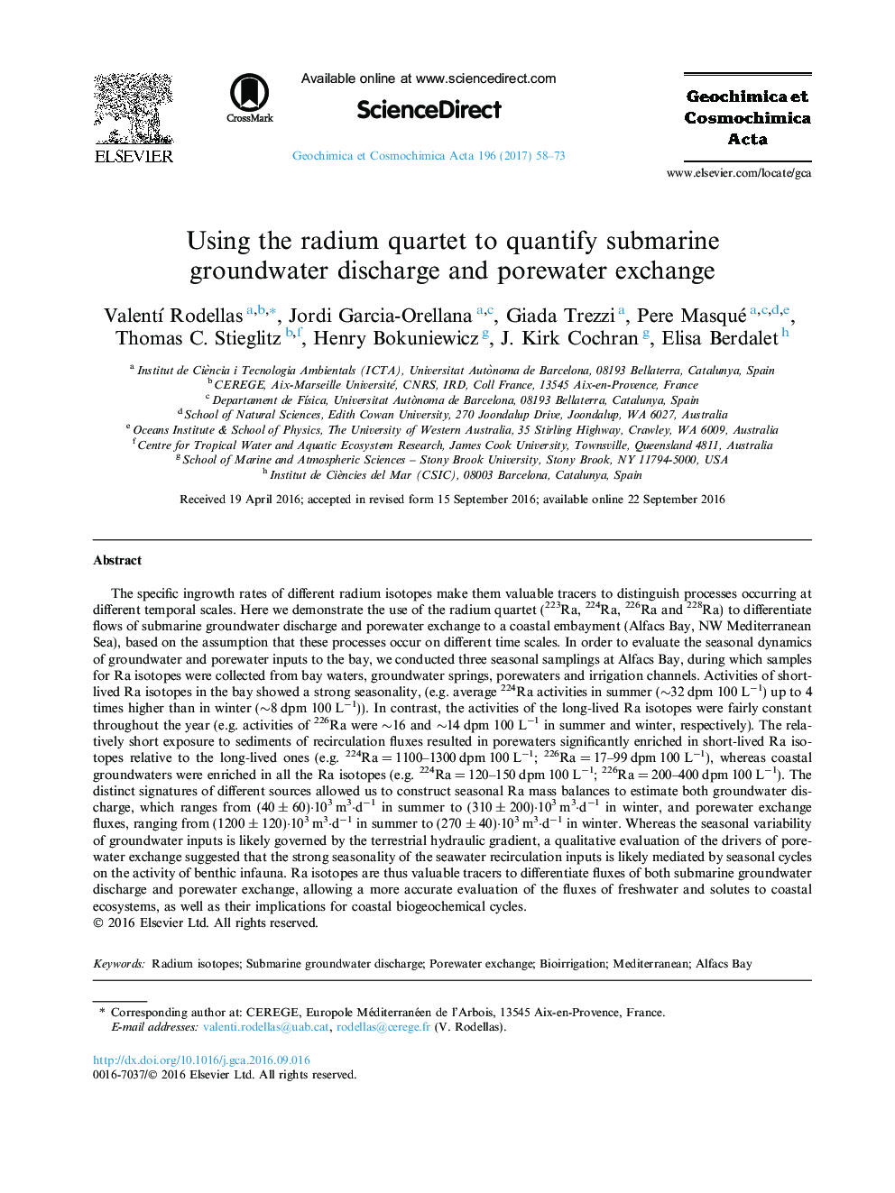 Using the radium quartet to quantify submarine groundwater discharge and porewater exchange