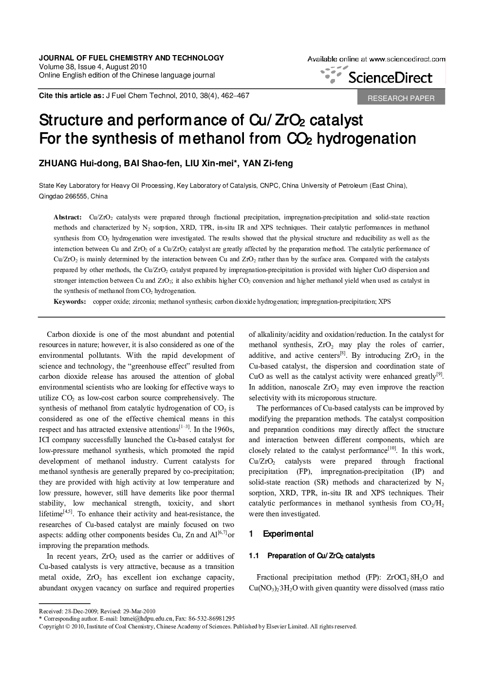 Structure and performance of Cu/ZrO2 catalyst For the synthesis of methanol from CO2 hydrogenation